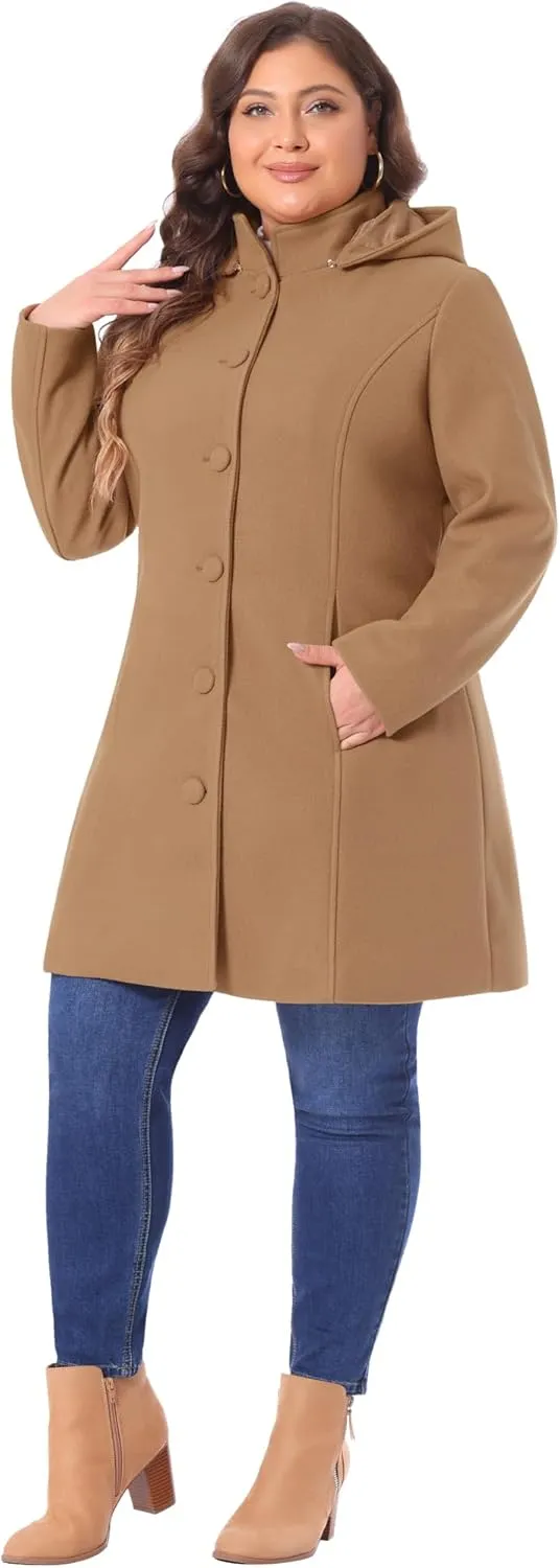 Agnes Orinda Peacoat for Women Plus Size Elegant Single Breasted Detachable Hooded Overcoat Trench Coat Jacket