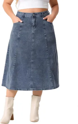 Agnes Orinda Women's Plus Size Denim Skirts Vintage High Waist with Pockets A-Line Midi Jean Skirt