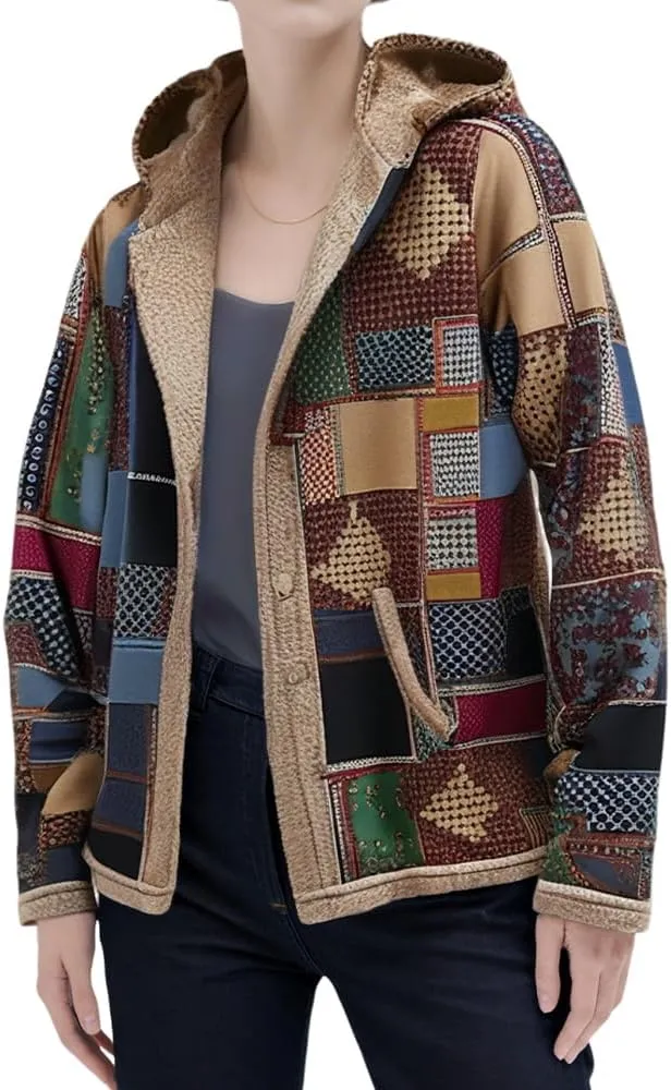 Akivide Women's Winter Ethnic Style Patchwork Sherpa Fleece Lined Hooded Jacket Plus Size Fluffy Warm Outwear with Pockets