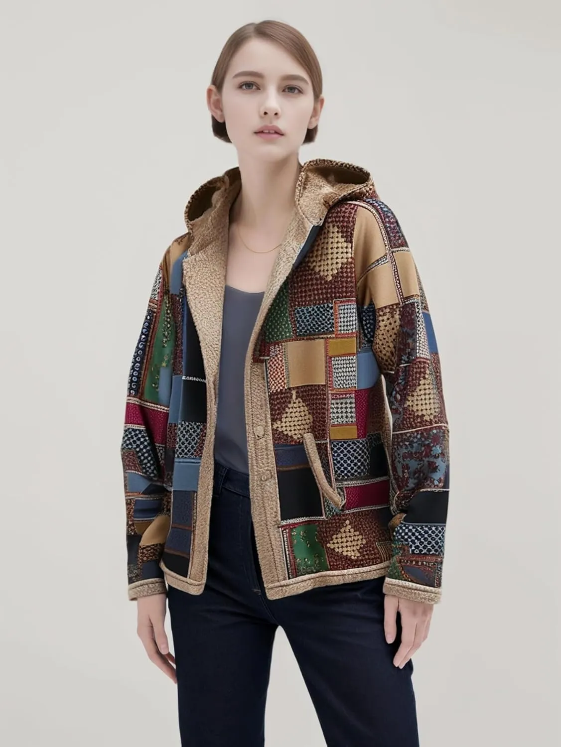 Akivide Women's Winter Ethnic Style Patchwork Sherpa Fleece Lined Hooded Jacket Plus Size Fluffy Warm Outwear with Pockets