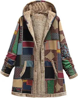 Akivide Women's Winter Ethnic Style Patchwork Sherpa Fleece Lined Hooded Jacket Plus Size Fluffy Warm Outwear with Pockets