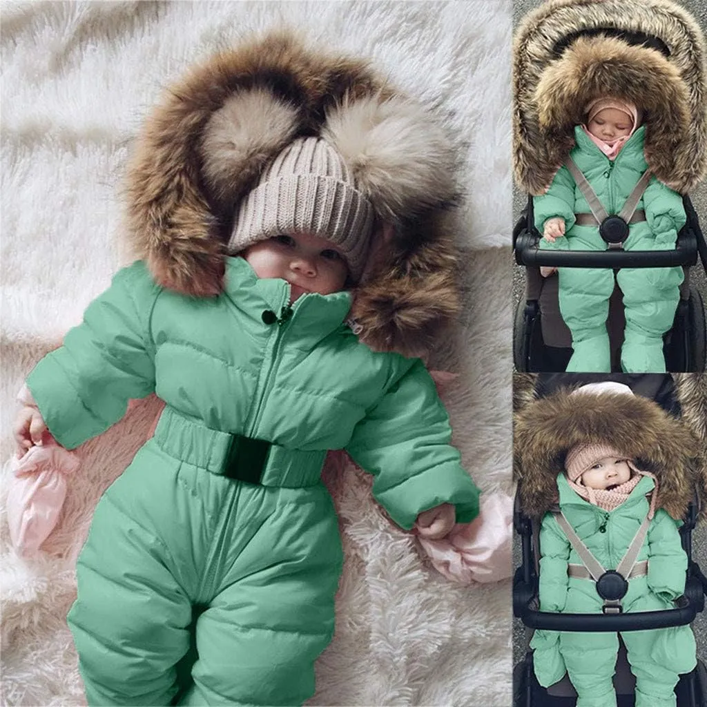 AKIWOS Newborn Infant Toddler Snowsuit 0-24 M Winter Onesie Puffer Down Jacket Padded Romper Fur Hooded Jumpsuit Warm Coat