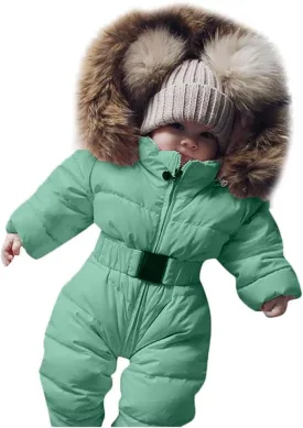 AKIWOS Newborn Infant Toddler Snowsuit 0-24 M Winter Onesie Puffer Down Jacket Padded Romper Fur Hooded Jumpsuit Warm Coat