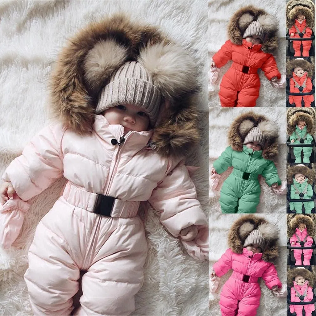 AKIWOS Newborn Infant Toddler Snowsuit 0-24 M Winter Onesie Puffer Down Jacket Padded Romper Fur Hooded Jumpsuit Warm Coat