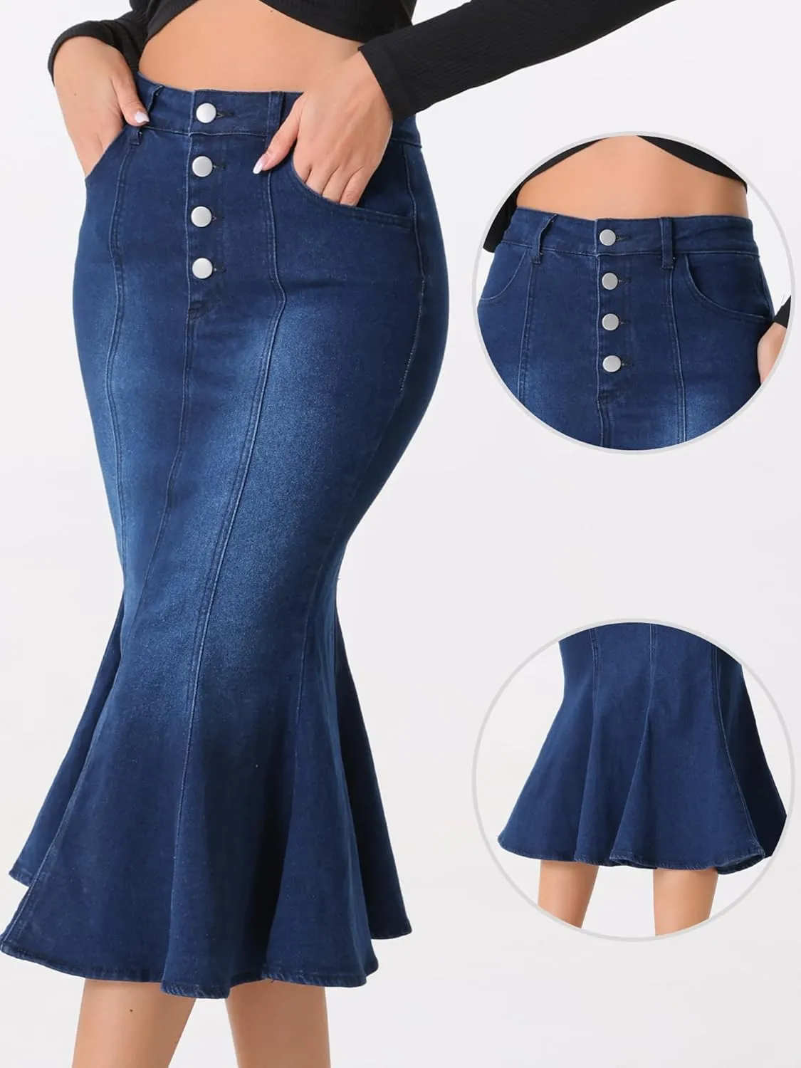 Allegra K Denim Skirt for Women's Washed Fishtail Midi Skirt