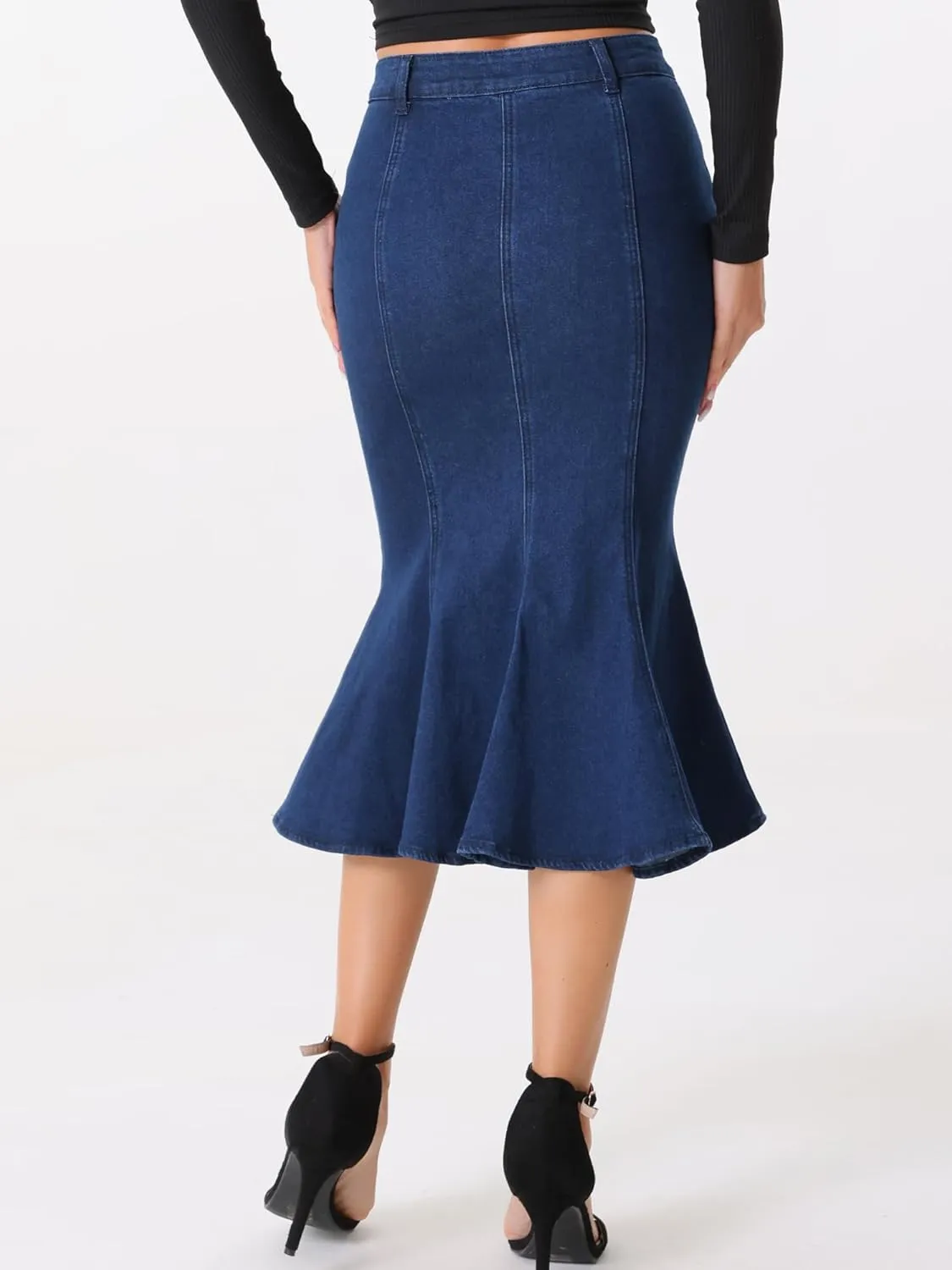 Allegra K Denim Skirt for Women's Washed Fishtail Midi Skirt