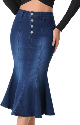Allegra K Denim Skirt for Women's Washed Fishtail Midi Skirt