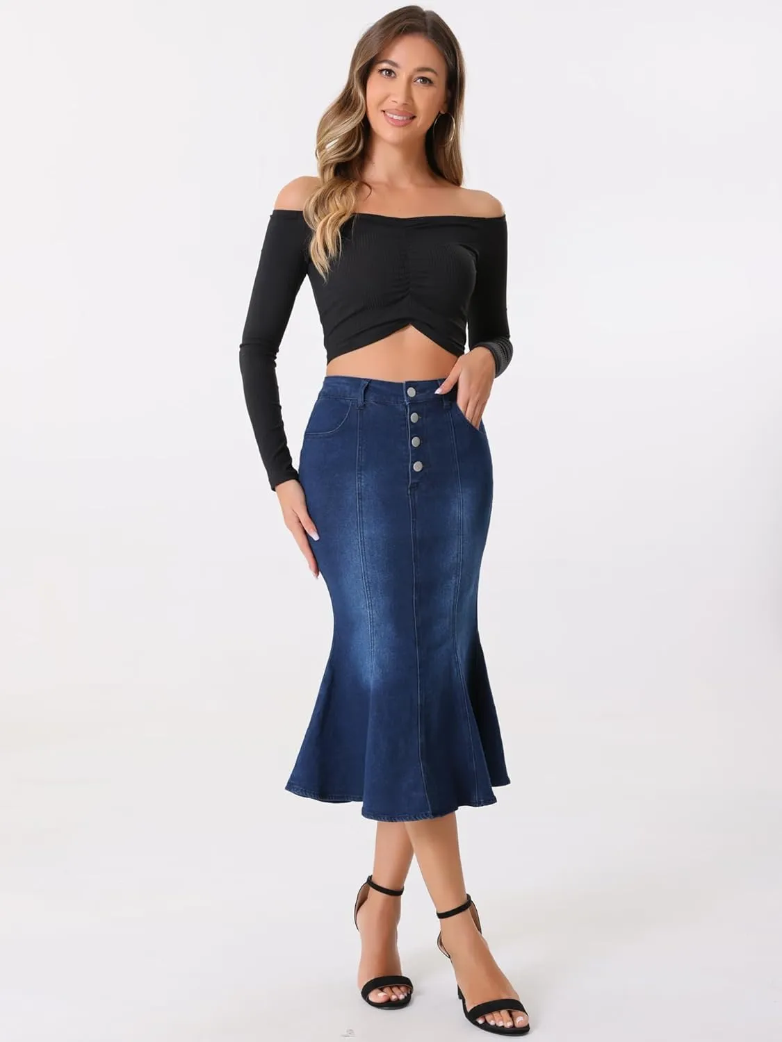 Allegra K Denim Skirt for Women's Washed Fishtail Midi Skirt