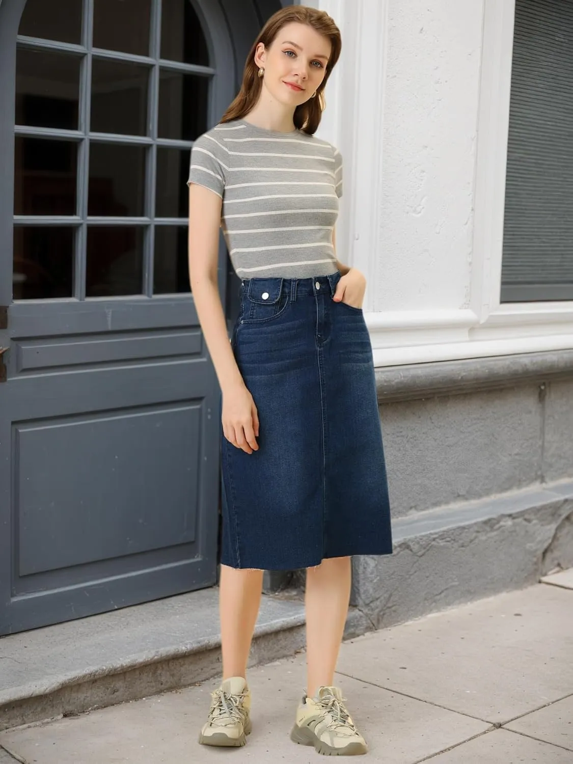 Allegra K Women's Casual Jean Skirt High Waist Back Slit Stretch Denim Skirts