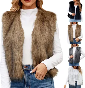 Binmer Faux Fur Vest Jacket for Women Sleeveless Open Front Winter Warm Waistcoat Fluffy Fuzzy Coat Soft Short Outerwear