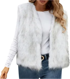 Binmer Faux Fur Vest Jacket for Women Sleeveless Open Front Winter Warm Waistcoat Fluffy Fuzzy Coat Soft Short Outerwear