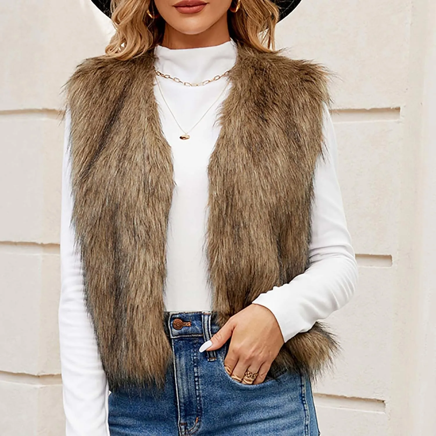Binmer Faux Fur Vest Jacket for Women Sleeveless Open Front Winter Warm Waistcoat Fluffy Fuzzy Coat Soft Short Outerwear