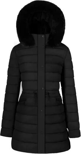 BodiLove Women's Winter Quilted Puffer Long Coat Jacket Plus Size with Removable Faux Fur Hood and Zipper