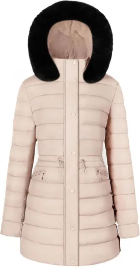 BodiLove Women's Winter Quilted Puffer Long Coat Jacket Plus Size with Removable Faux Fur Hood and Zipper