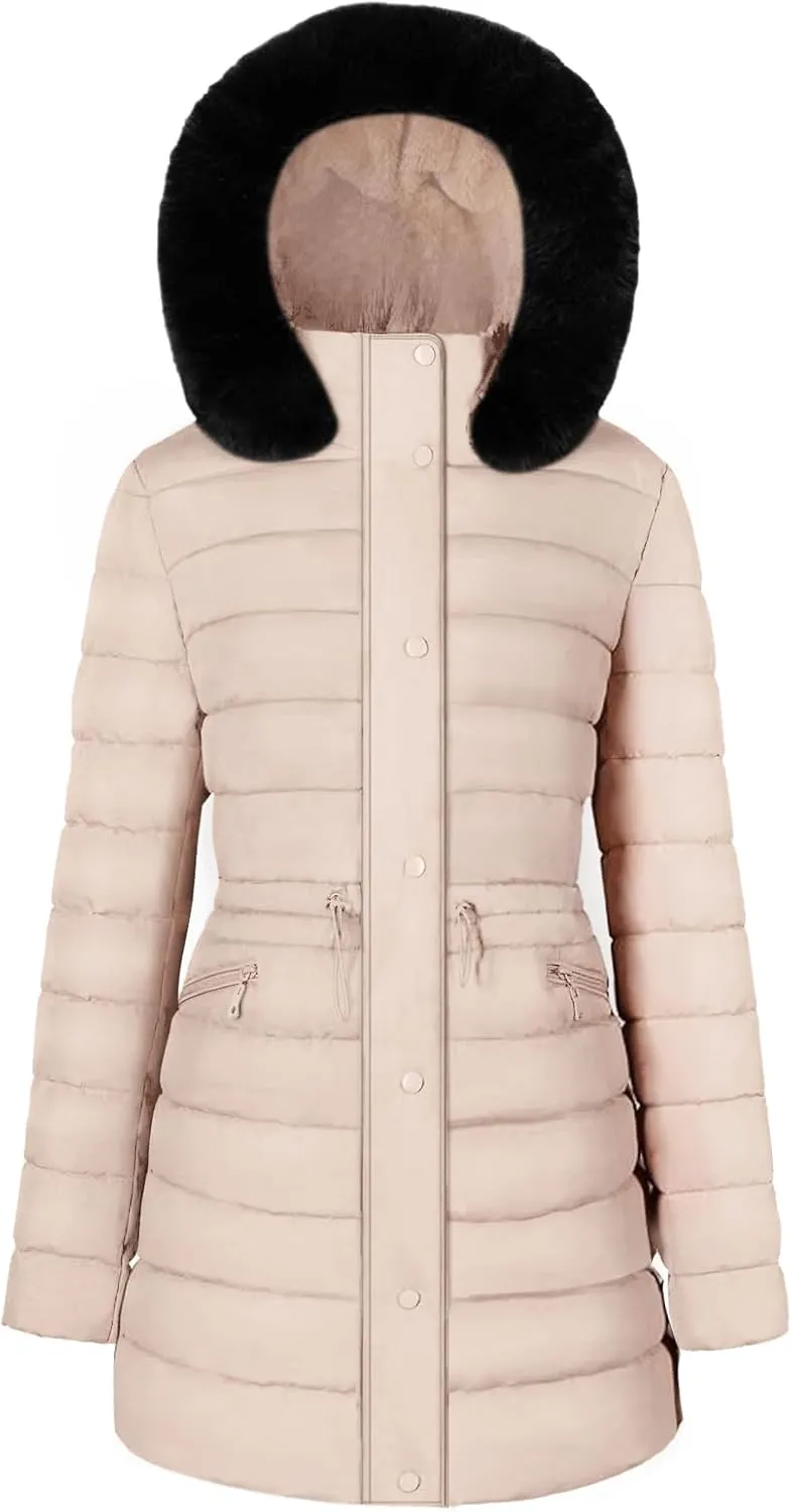 BodiLove Women's Winter Quilted Puffer Long Coat Jacket Plus Size with Removable Faux Fur Hood and Zipper