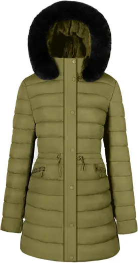 BodiLove Women's Winter Quilted Puffer Long Coat Jacket Plus Size with Removable Faux Fur Hood and Zipper
