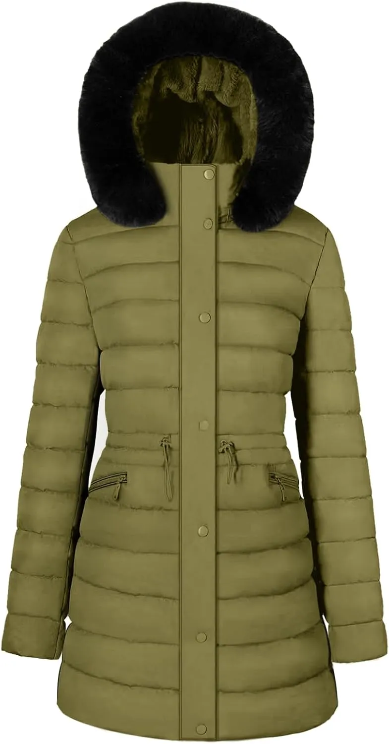 BodiLove Women's Winter Quilted Puffer Long Coat Jacket Plus Size with Removable Faux Fur Hood and Zipper
