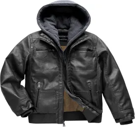 Boy's Faux Leather Jacket Windproof Warm Winter Coat Kids Bomber Outerwear Waterproof PU Motorcycle Jacket