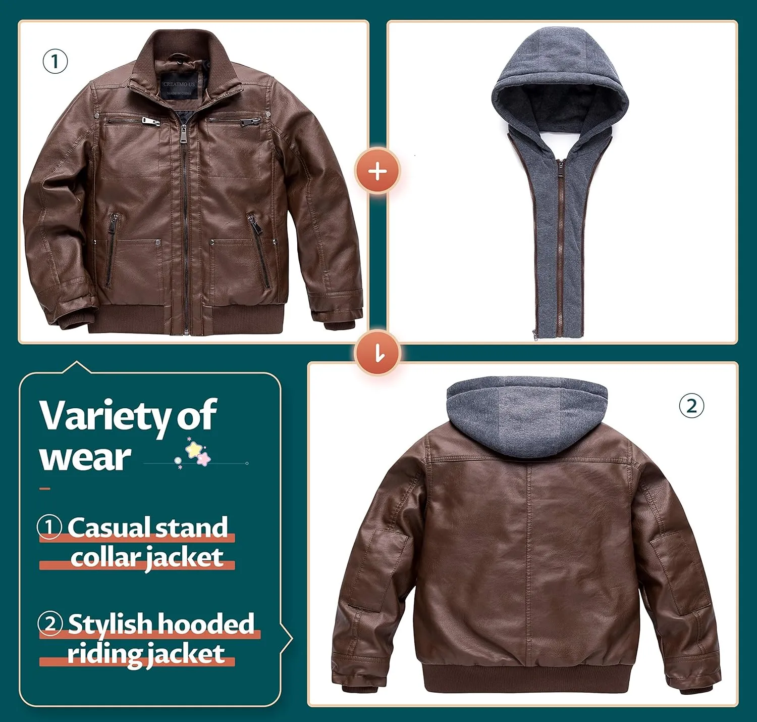Boy's Faux Leather Jacket Windproof Warm Winter Coat Kids Bomber Outerwear Waterproof PU Motorcycle Jacket