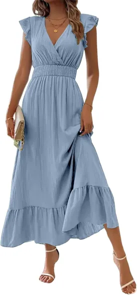 Casual Dresses for Women Ruffle Sleeve Maxi Dress Empire Waist Wedding Guest Long Dress Sexy V Neck Wrap Dresses