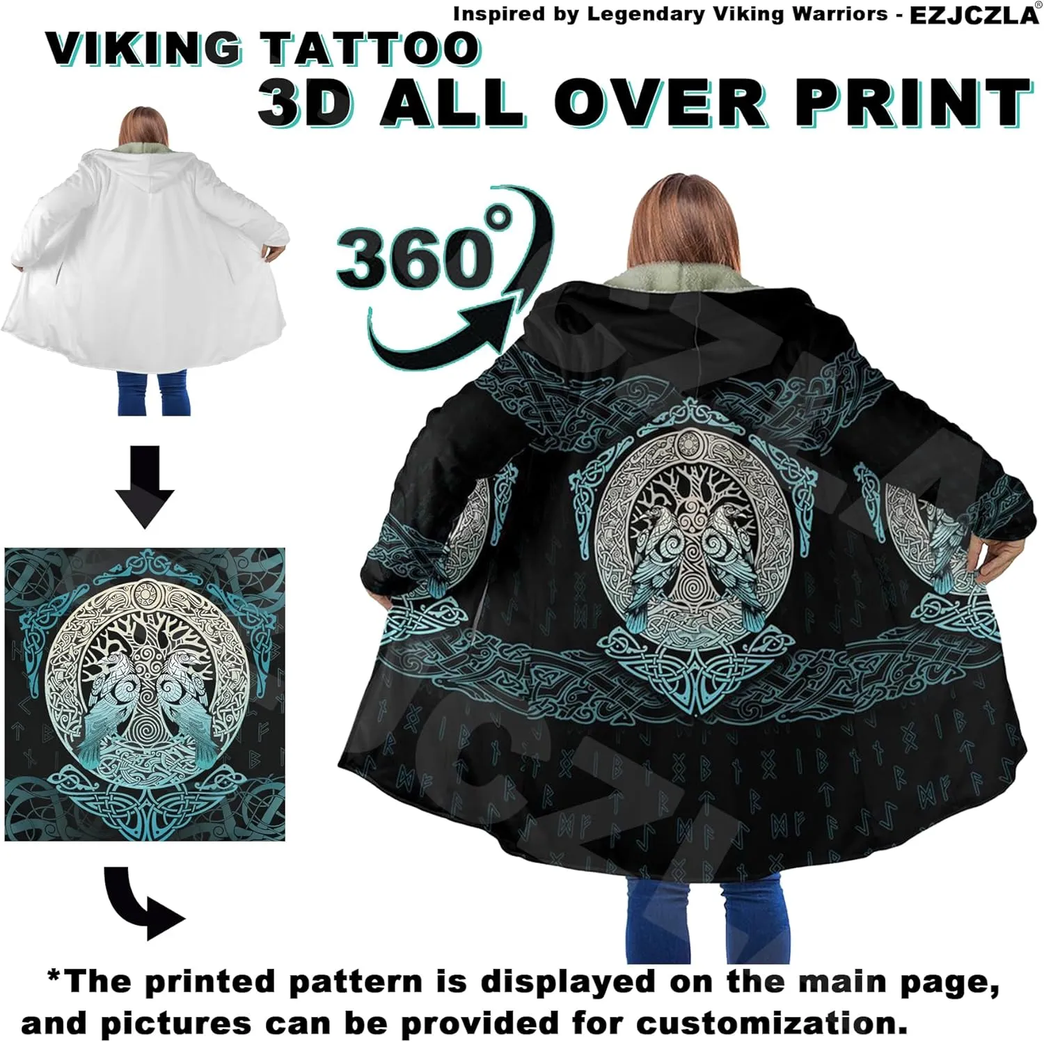 Celtic Totem Unisex Plus Size Coat Wool Blend Cloak Cape Street Role Play Parka Jacket Viking Compass Sweater Coat
