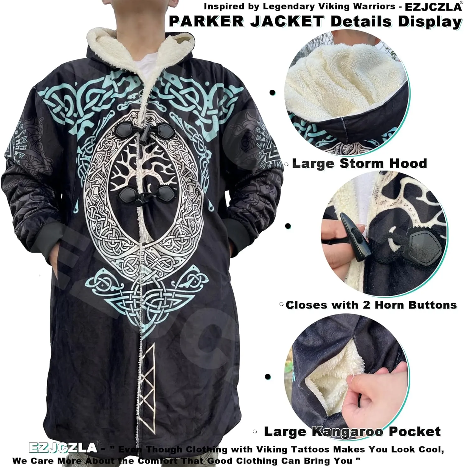 Celtic Totem Unisex Plus Size Coat Wool Blend Cloak Cape Street Role Play Parka Jacket Viking Compass Sweater Coat