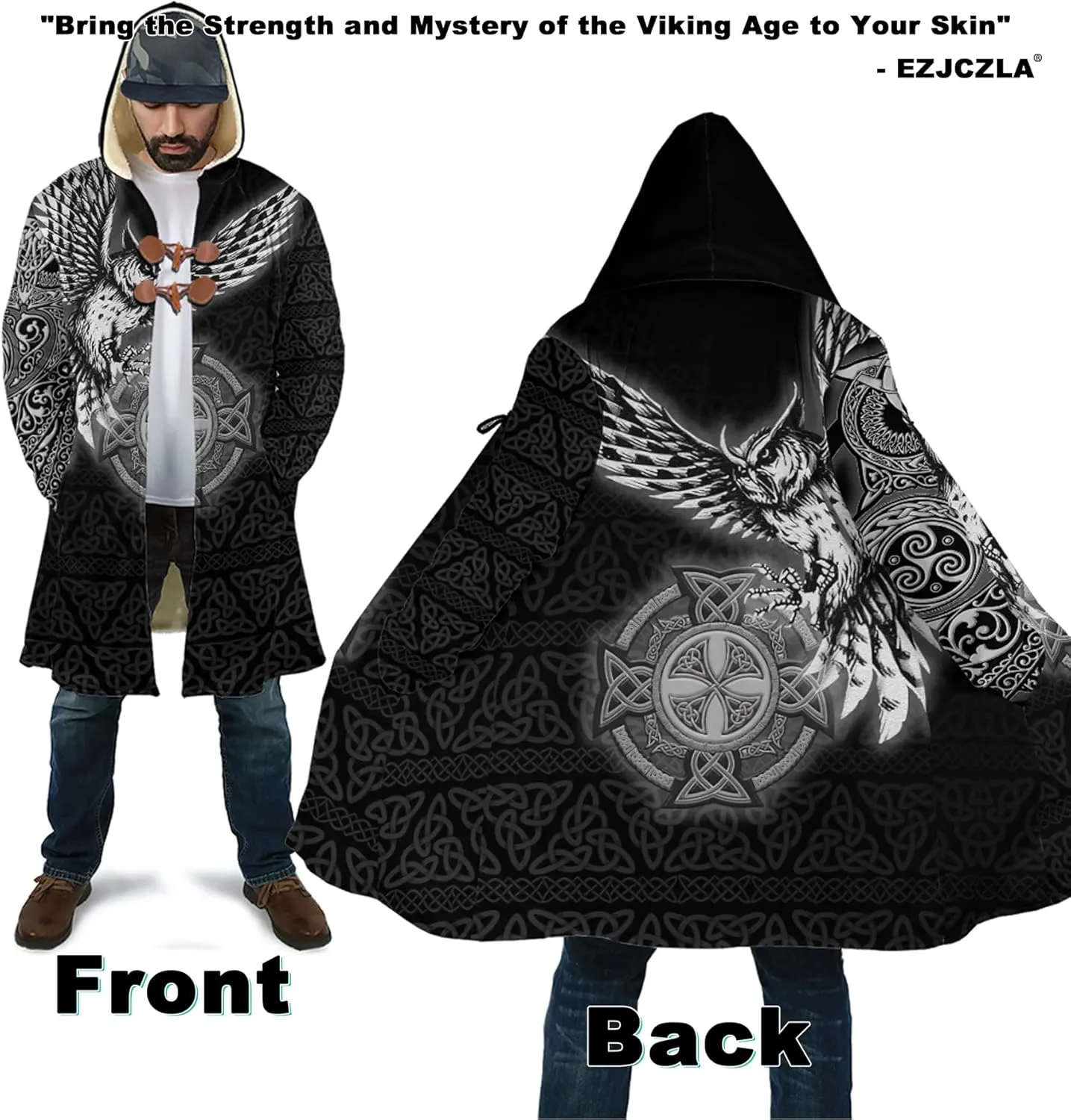 Celtic Totem Unisex Plus Size Coat Wool Blend Cloak Cape Street Role Play Parka Jacket Viking Compass Sweater Coat