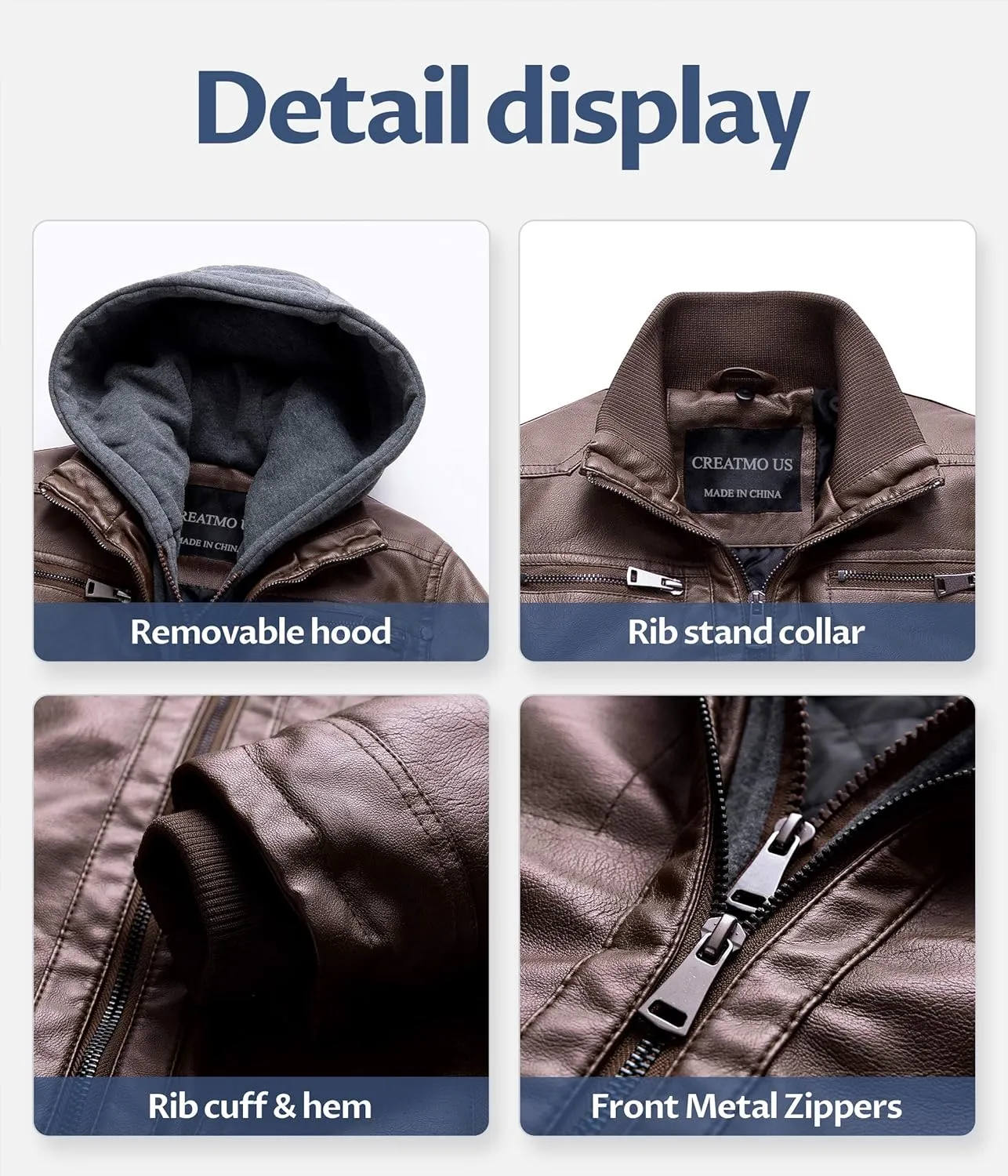 CREATMO US Men's Faux Leather Jacket Motorcycle Jacket Waterproof Windproof PU Moto Vintage Bomber Hoodie with Removable Hood