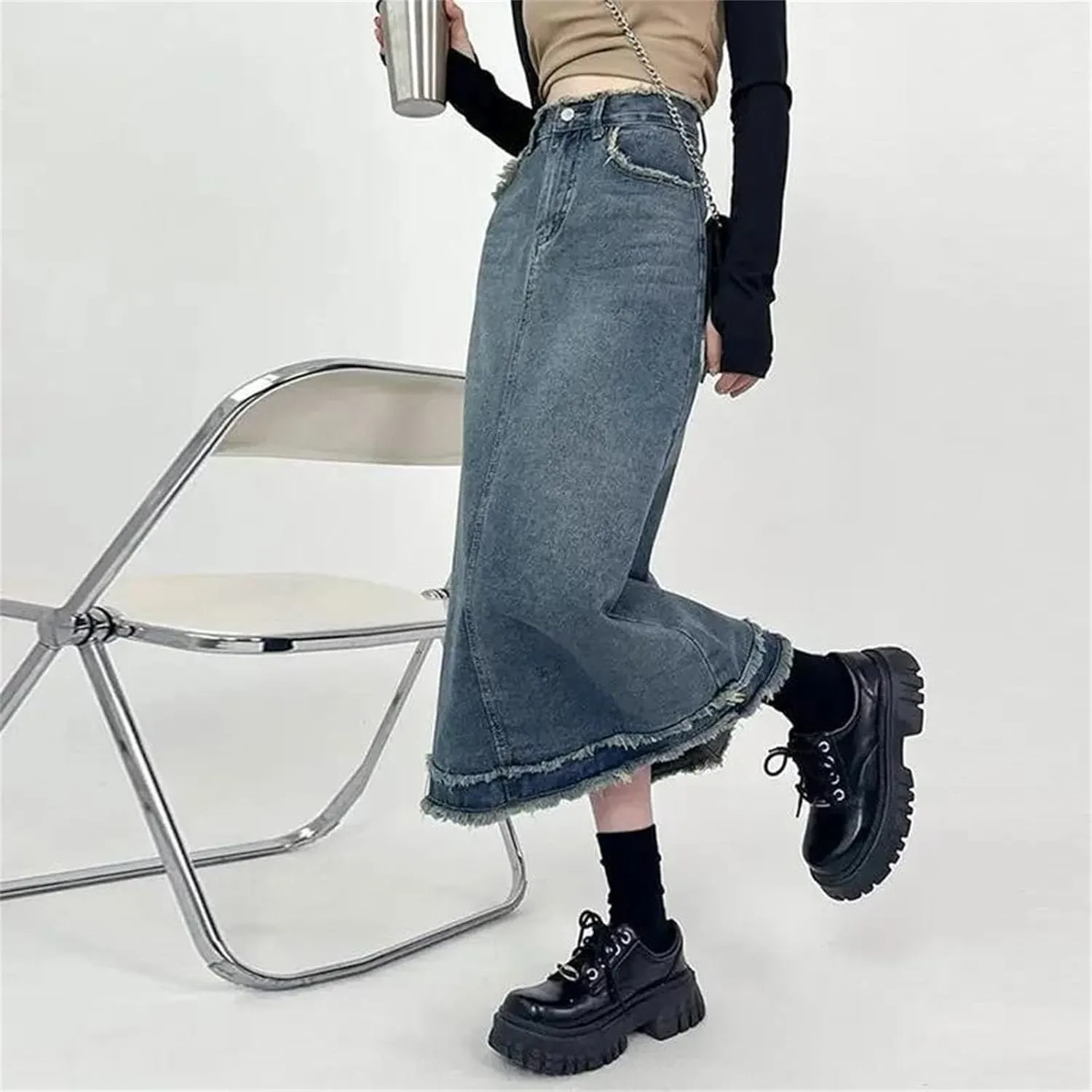 Denim Skirt for Women's Vintage Fringe High-Waisted Frayed Raw Hem A- Line Long Dress
