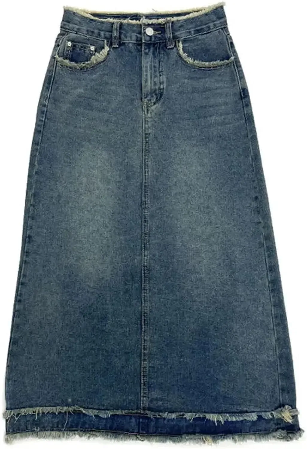 Denim Skirt for Women's Vintage Fringe High-Waisted Frayed Raw Hem A- Line Long Dress