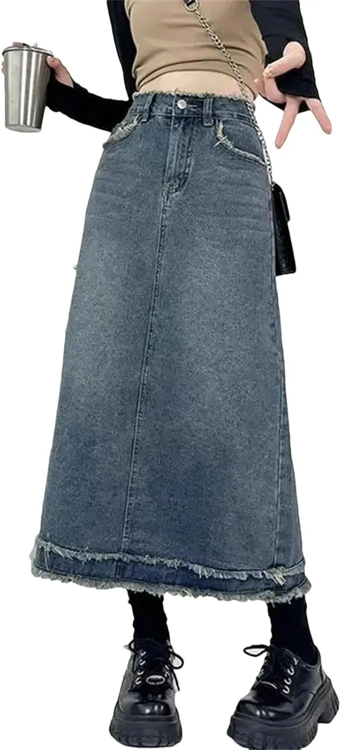 Denim Skirt for Women's Vintage Fringe High-Waisted Frayed Raw Hem A- Line Long Dress