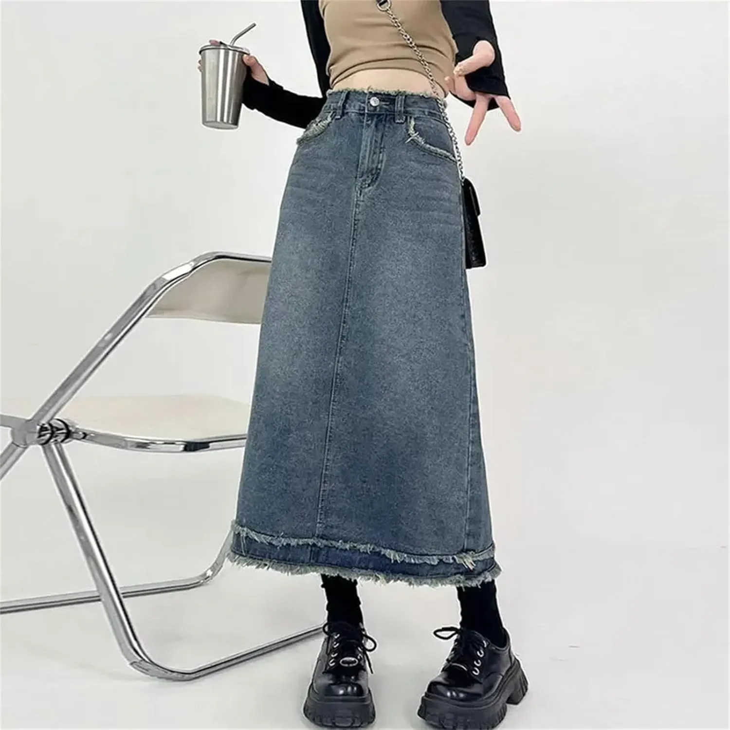 Denim Skirt for Women's Vintage Fringe High-Waisted Frayed Raw Hem A- Line Long Dress