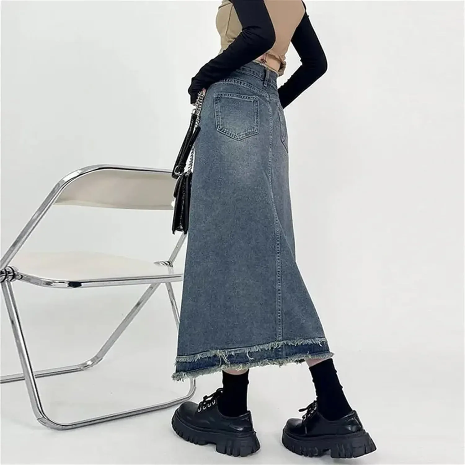 Denim Skirt for Women's Vintage Fringe High-Waisted Frayed Raw Hem A- Line Long Dress