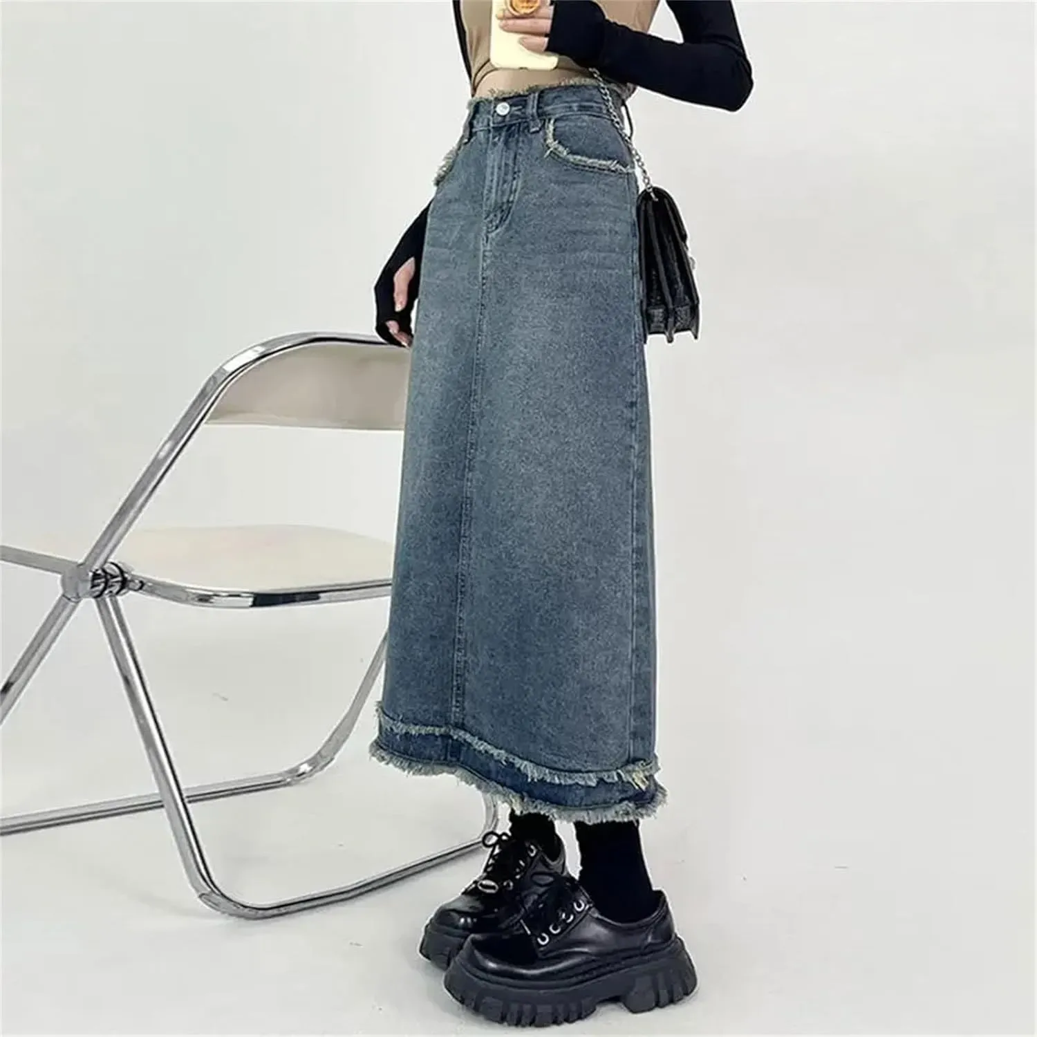 Denim Skirt for Women's Vintage Fringe High-Waisted Frayed Raw Hem A- Line Long Dress