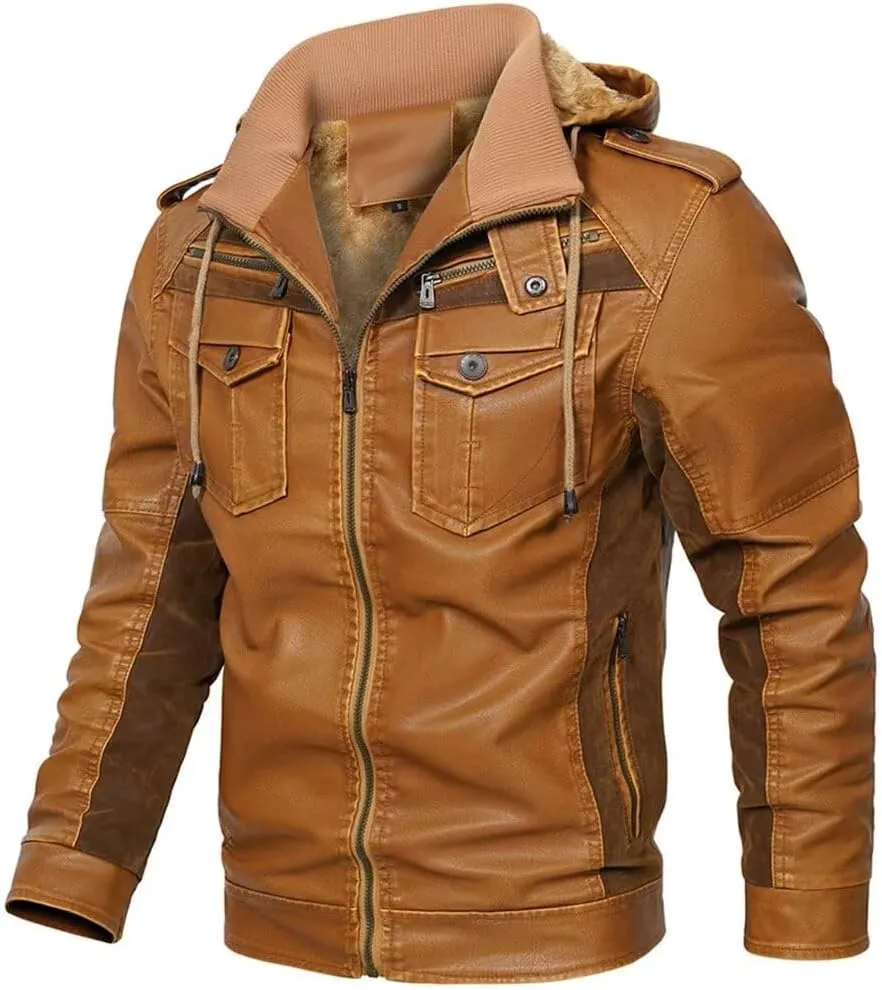 FTIMILD Men's Faux Leather Jacket Fleece Lined Motorcycle Jacket Water & Wind Resistant PU Bomber Hoodie with Detachable Hood