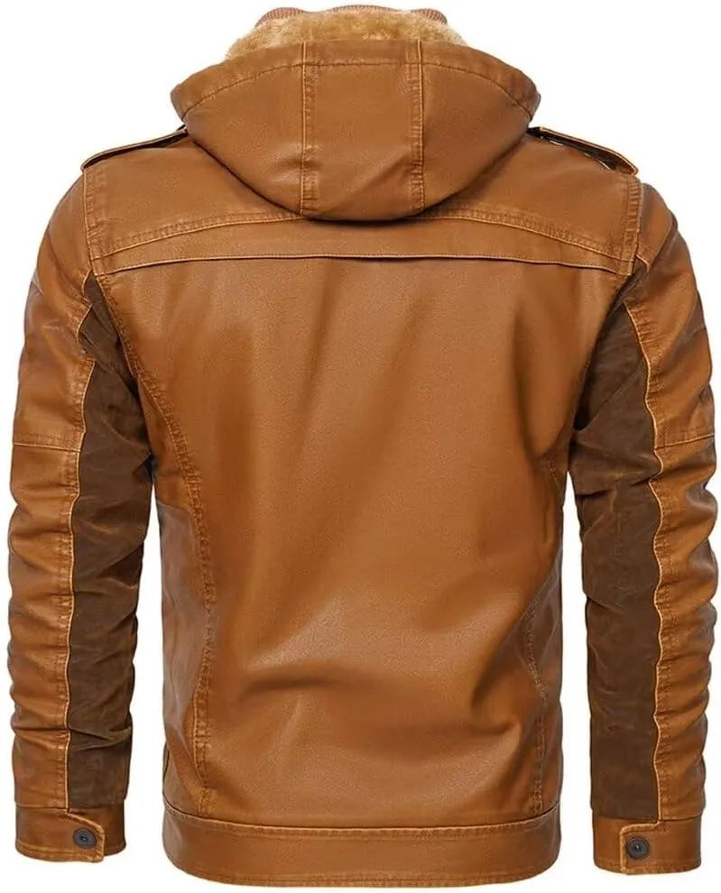 FTIMILD Men's Faux Leather Jacket Fleece Lined Motorcycle Jacket Water & Wind Resistant PU Bomber Hoodie with Detachable Hood
