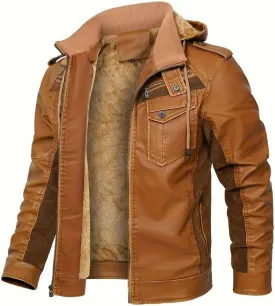 FTIMILD Men's Faux Leather Jacket Fleece Lined Motorcycle Jacket Water & Wind Resistant PU Bomber Hoodie with Detachable Hood