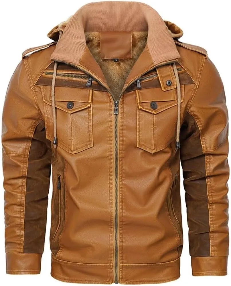FTIMILD Men's Faux Leather Jacket Fleece Lined Motorcycle Jacket Water & Wind Resistant PU Bomber Hoodie with Detachable Hood