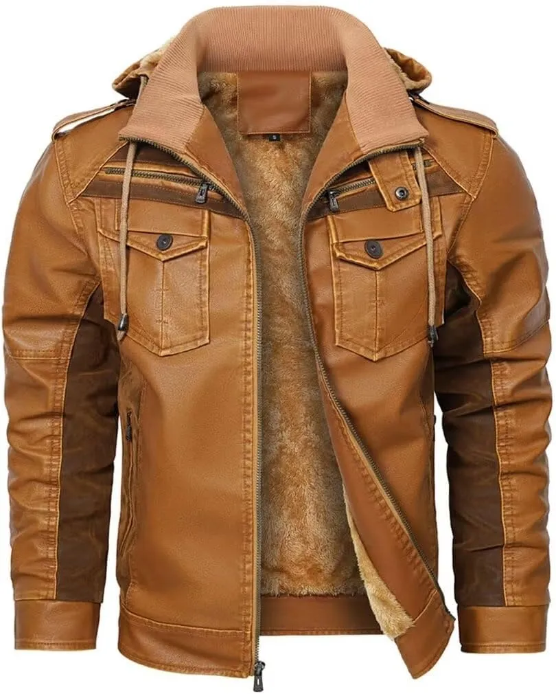 FTIMILD Men's Faux Leather Jacket Fleece Lined Motorcycle Jacket Water & Wind Resistant PU Bomber Hoodie with Detachable Hood