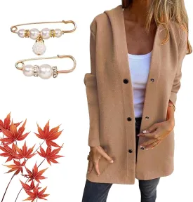GDSAFS Casual Single Breasted Hooded Jacket, 2025 New Lapel Neck Long Sleeve Solid Color Trench Coat for Women