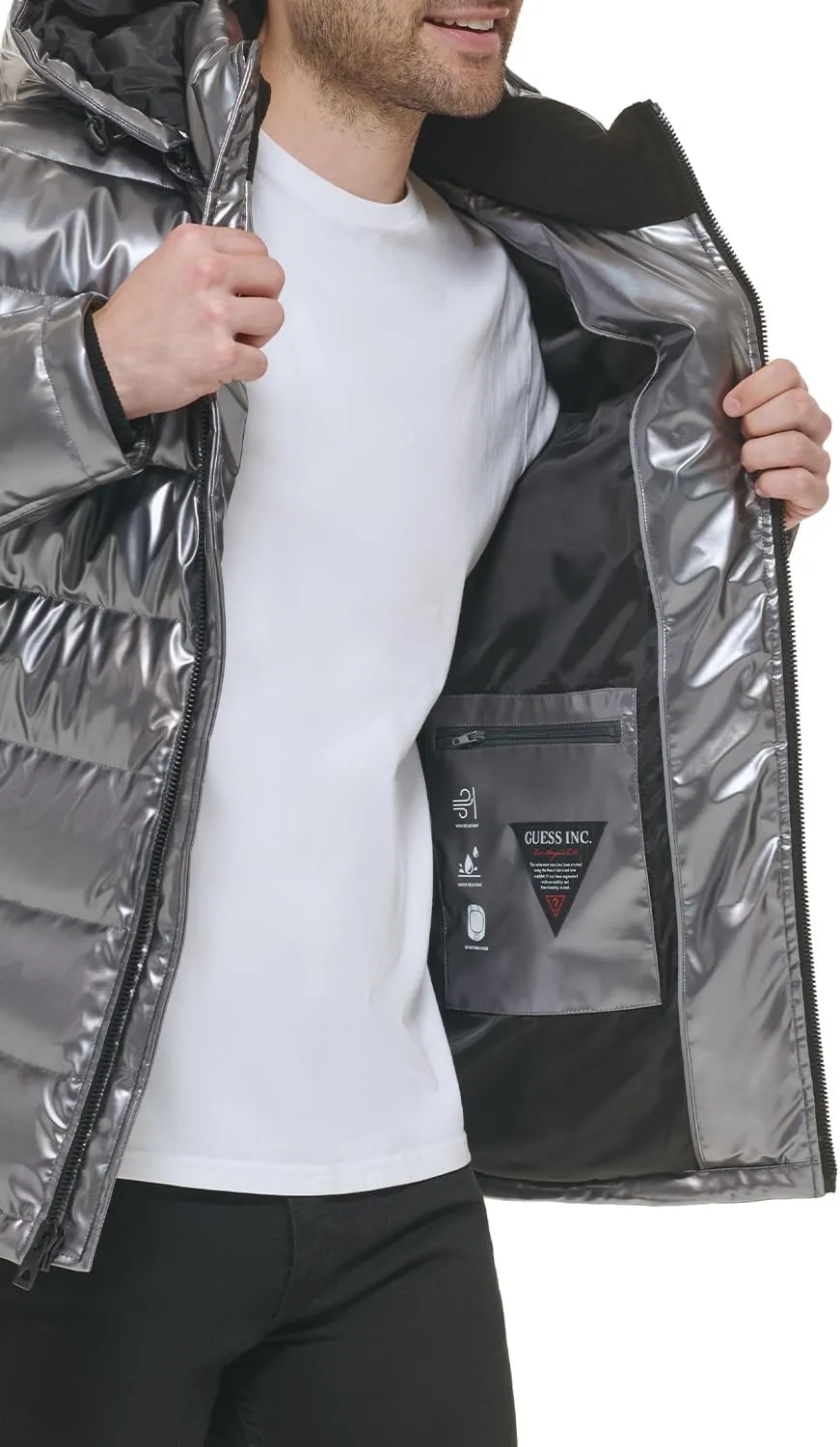 Guess mens Holographic Hooded Puffer Jacket