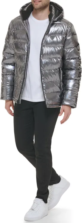 Guess mens Holographic Hooded Puffer Jacket