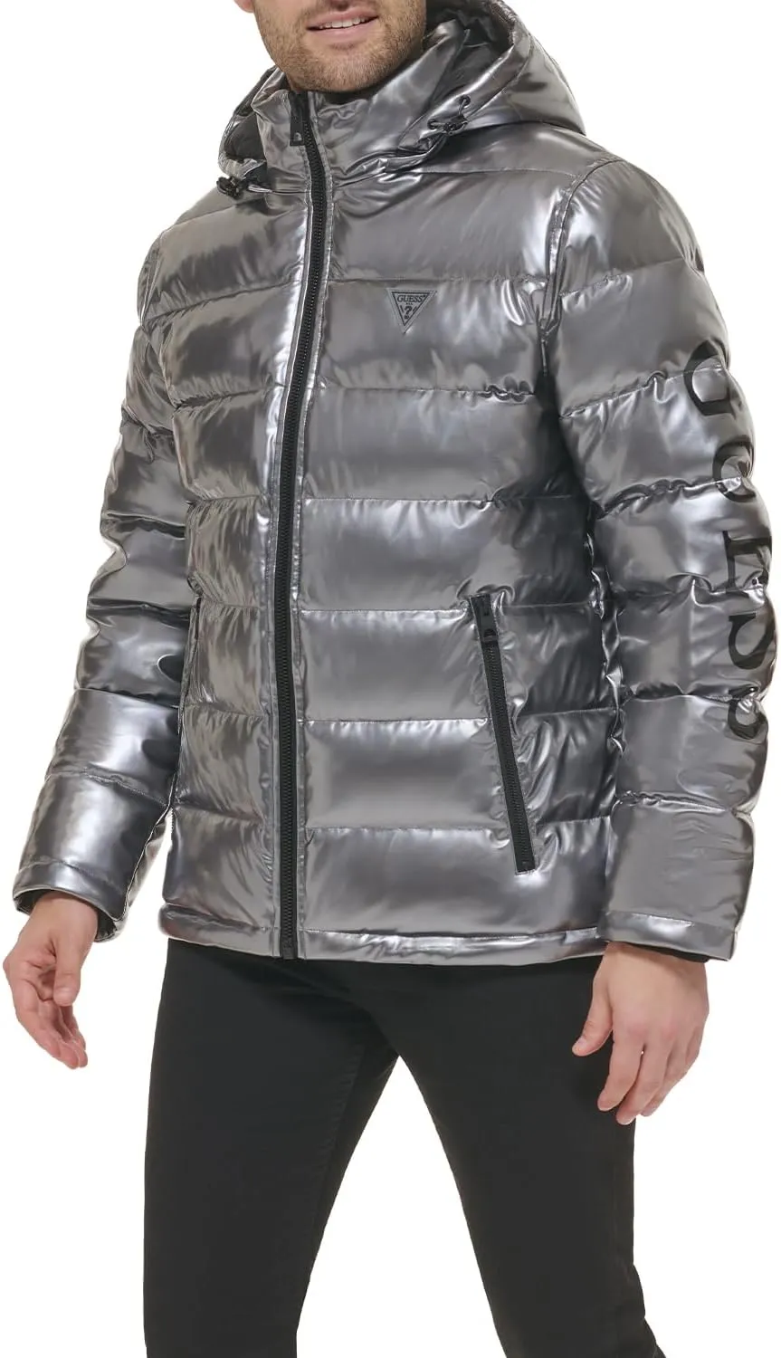 Guess mens Holographic Hooded Puffer Jacket