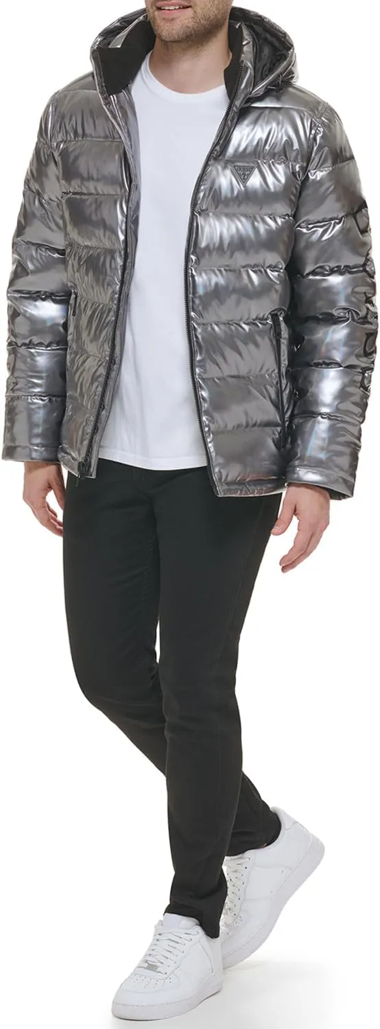 Guess mens Holographic Hooded Puffer Jacket