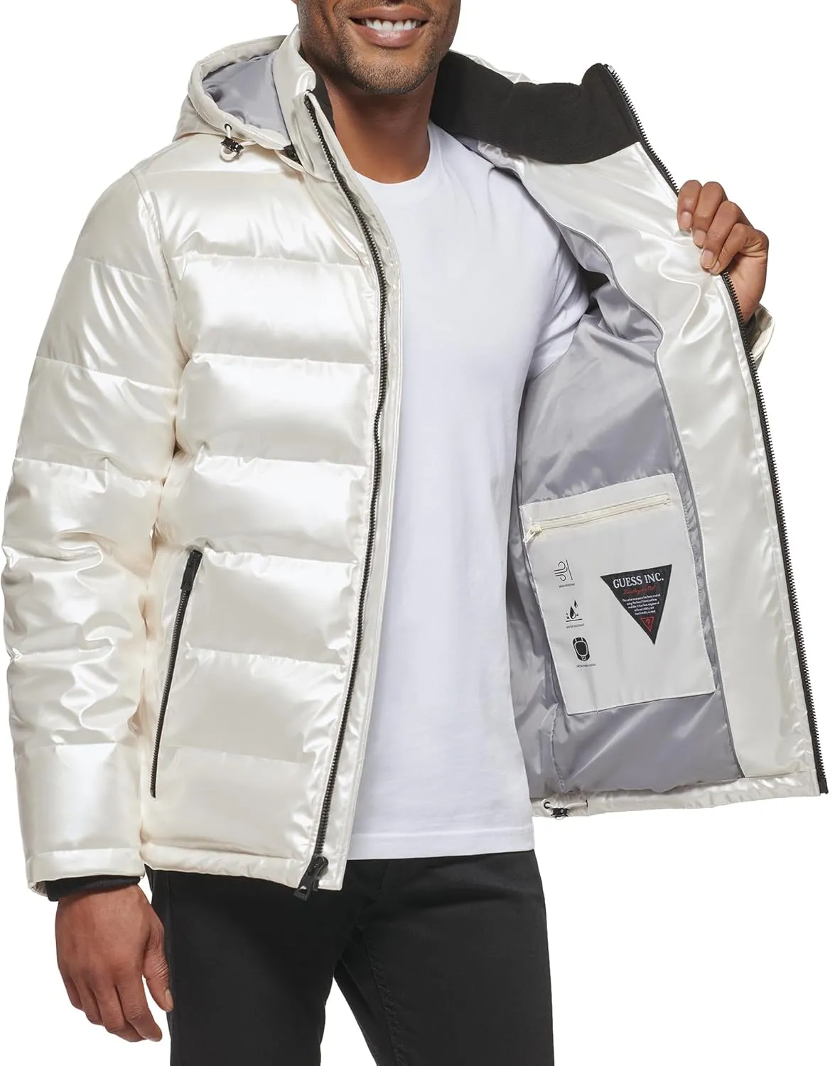 Guess mens Holographic Hooded Puffer Jacket
