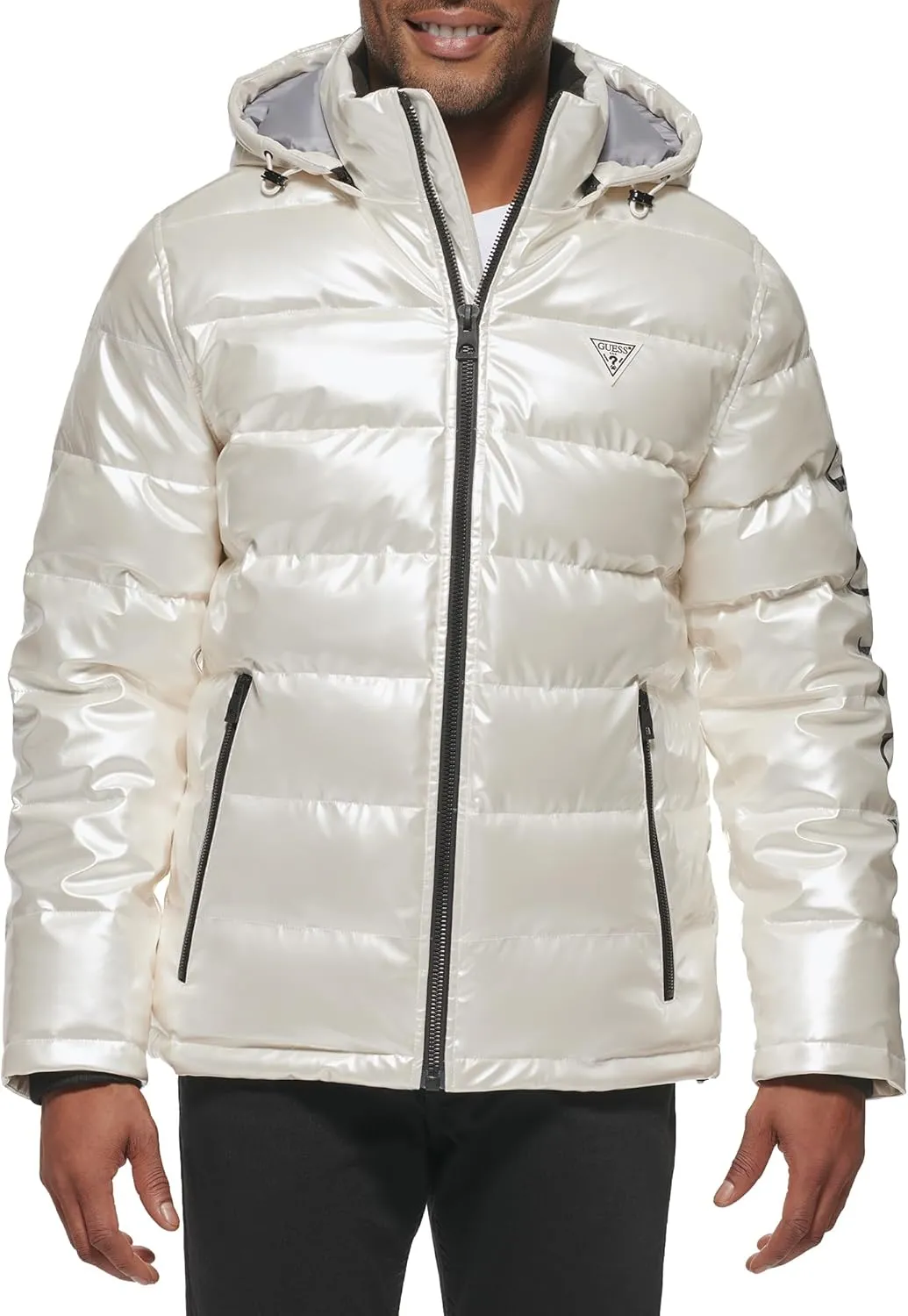 Guess mens Holographic Hooded Puffer Jacket