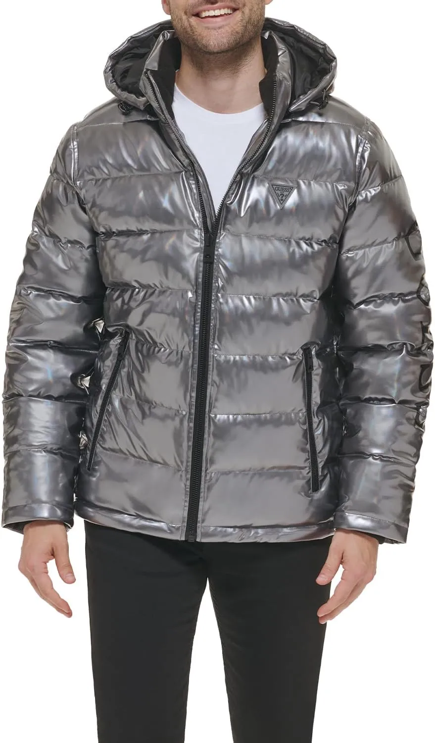 Guess mens Holographic Hooded Puffer Jacket