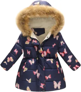 IBTOM CASTLE Kids Boys Girls Winter Warm Fur Collar Hooded Coat Butterfly Floral Print Padded Fleece Parka Jacket