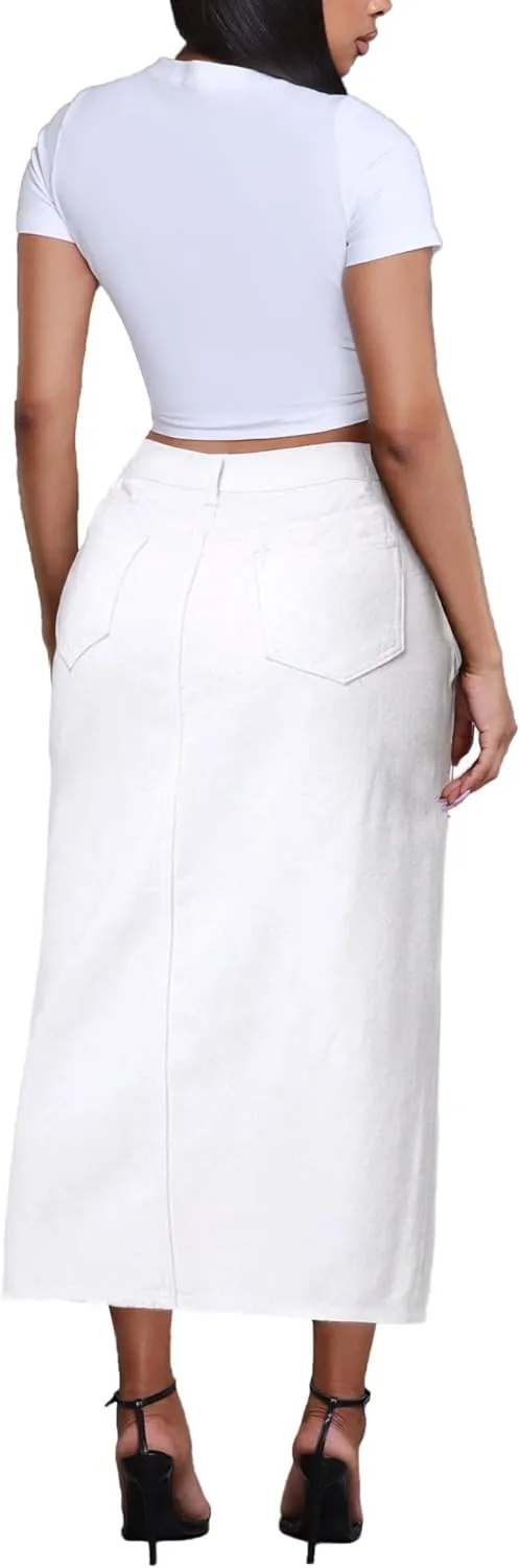 Jean Skirt for Women Denim Skirt High Waist Stretch Midi Denim Skirts with Pockets