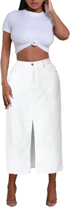 Jean Skirt for Women Denim Skirt High Waist Stretch Midi Denim Skirts with Pockets